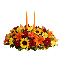 Thanksgiving centerpiece with roses, sunflowers and lilies for thanksgiving dinner centerpieces