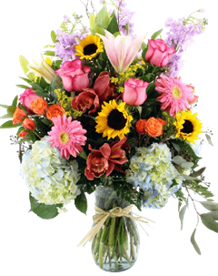 Sensational Summer Vase includes blue hydrangeas, sunflowers, gerber daisies & pink roses in a vase